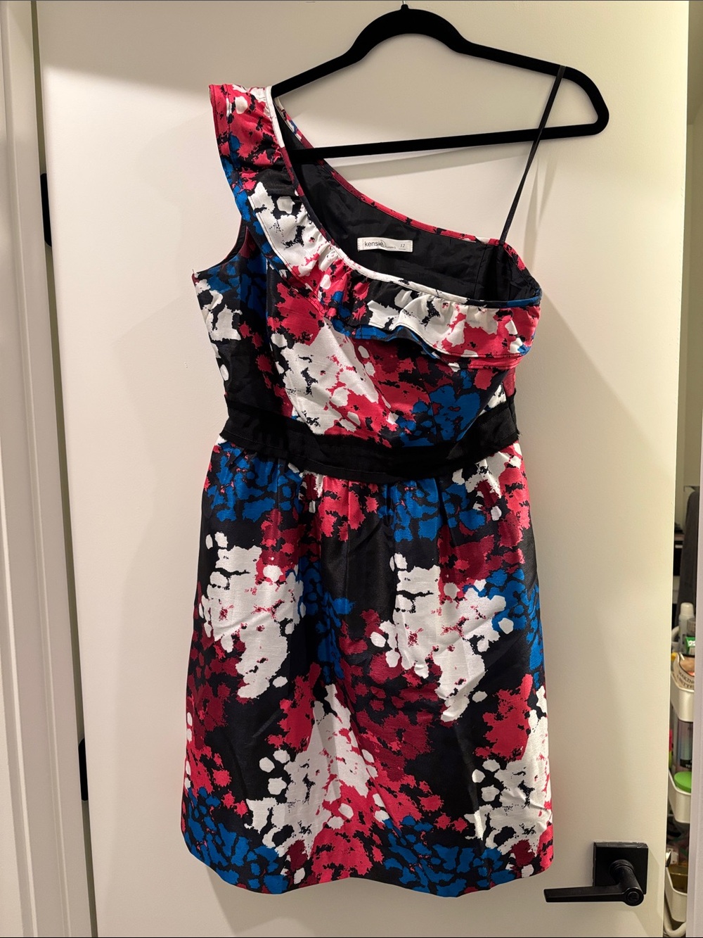Kensie Black, White, Blue & Pink One-Shoulder Ruffle Dress